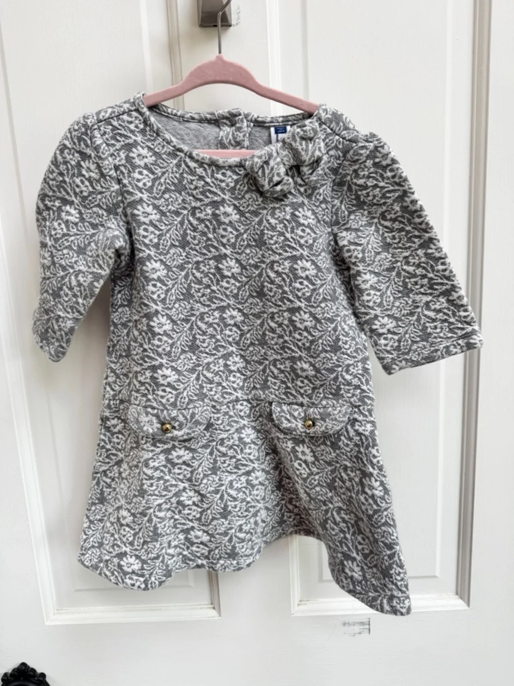 Janie and Jack Girls 4 Gray Floral Jacquard Bow Long Sleeve Sweater Dress